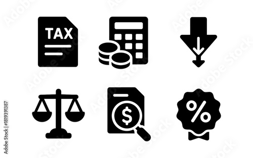 Finance and tax icons set: tax form, calculator, discount, scales