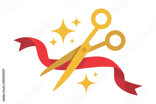 Golden scissors cutting a red ribbon during a grand opening ceremony.