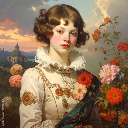 Portrait of a young woman in floral setting, elegant attire