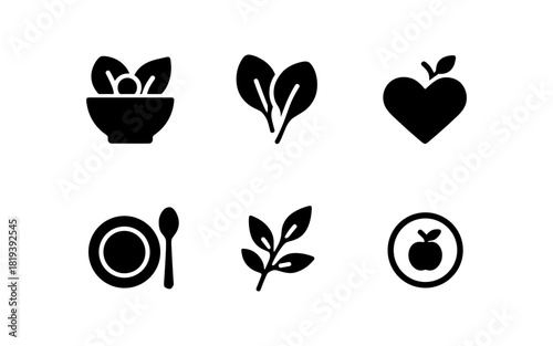 Set of minimalist healthy food and nature icons in black silhouette style