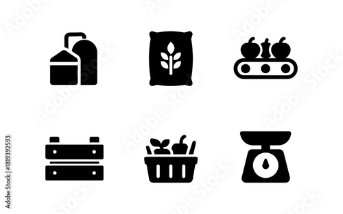 Black silhouette icons of agriculture and food processing equipment
