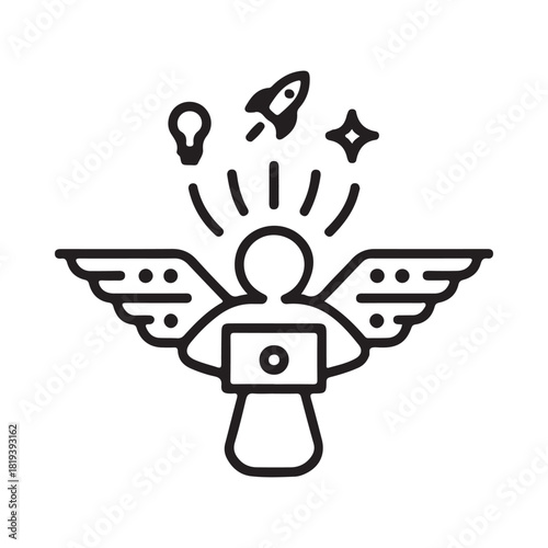 Angel investor icon with startup symbols and wings
