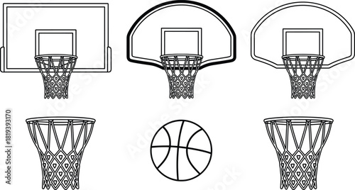 Black and White Outline Set of Basketball Hoops, Backboards, Nets, and Ball Flat Vector Illustration, Ideal for Sports Graphics, Icon Design, and Athletic Equipment CAD Drawing
