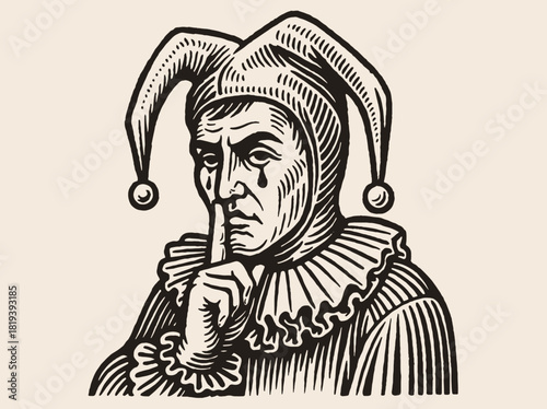 Sad jester vintage engraving style vector illustration