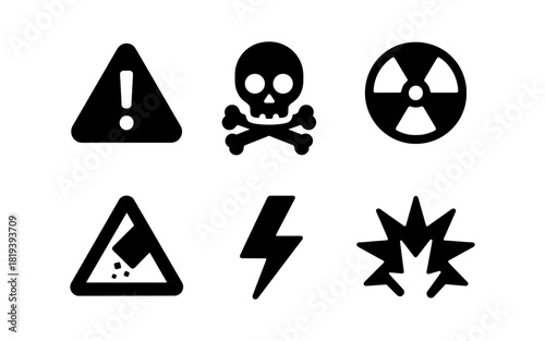 Set of bold hazard symbols: exclamation, skull, radiation, avalanche, lightning, explosion