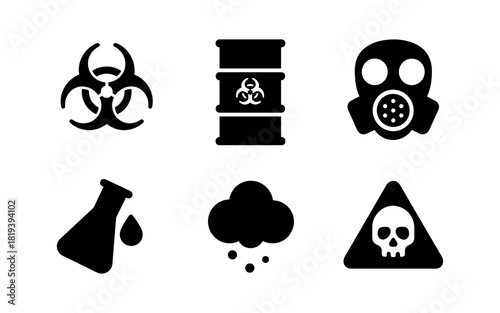 Set of hazardous material icon designs in bold silhouette style