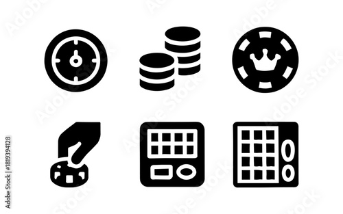 Black and white casino icons set: clock, coins, crown, and chips