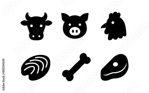 Animal icons set: cow, pig, chicken, meat cuts and bone silhouettes