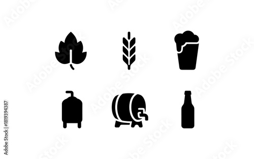 Minimalist craft beer icons: leaf, wheat, pint, keg, barrel, bottle silhouettes