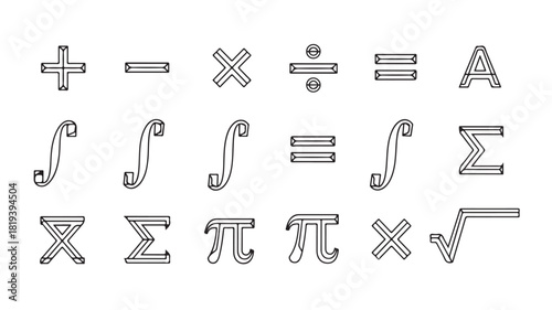 Set of mathematical symbol icons vector line art glyphs for education and science isolated on white background