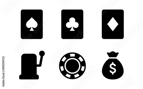 Classic casino icon set: playing cards, slot machine, chip, and money bag silhouettes
