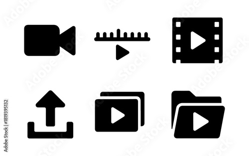 Minimalist media icon set featuring play buttons, film strips, and upload symbols
