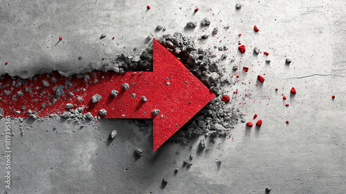Red arrow breaking through concrete wall with debris flying, symbolizing determination, progress, and overcoming obstacles in dramatic and dynamic scene