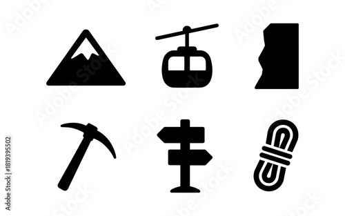 Adventure icons set: mountain, cable car, climbing gear in simple silhouette design