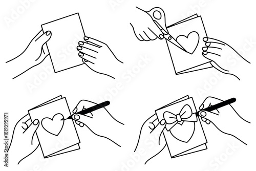 Hands crafting a greeting card with a heart and bow, step-by-step illustration.
