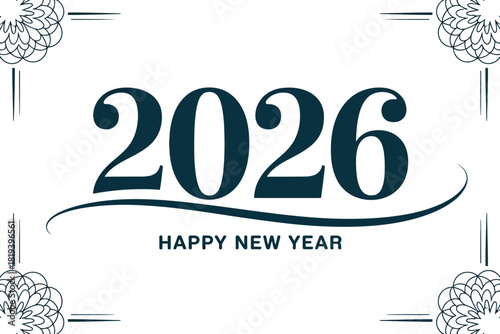 Happy New Year 2026 greeting with decorative corner elements on a white background.