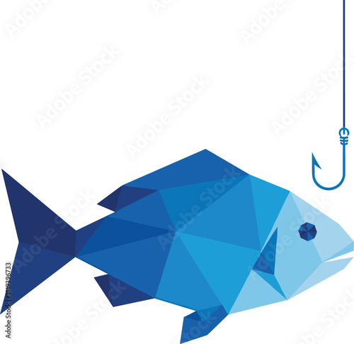 Low poly fish illustration, geometric fishing hook design, abstract marine life art, modern aquatic symbol, polygonal ocean creature graphic