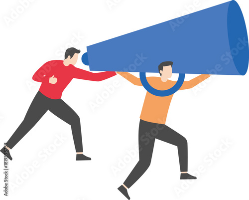 A group of businessmen holding a microphone stand in a row

