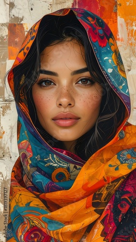 Portrait of a young woman with dark hair and a colorful headscarf