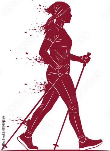 nordic, walking, fitness, sport, exercise, motion, woman, silhouette, maroon, active, lifestyle, pole, dynamic, energy, health, illustration, graphic, design, movement, outdoor