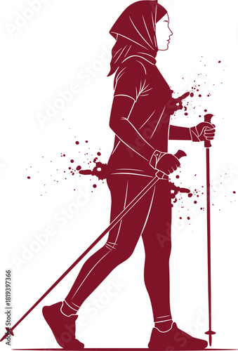 nordic, walking, fitness, exercise, sport, motion, woman, silhouette, maroon, poles, active, lifestyle, dynamic, energy, health, illustration, graphic, design, movement, outdoors