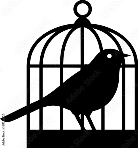 Black vector icon of a bird in a cage on a white background for design use