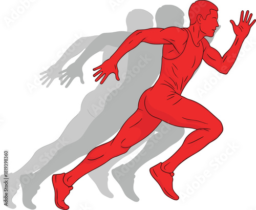 Running motion silhouette, athletic sprint illustration, red and gray figure design, dynamic stride sequence, sports movement artwork, fitness concept graphic