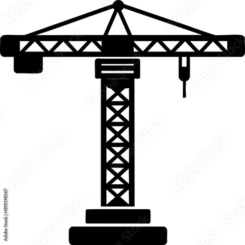 Flat black vector icon of a construction crane tower set against a clean white background
