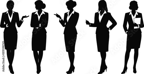 Businesswoman silhouette set with blazer and skirt, professional poses, office gestures, workplace attire, and corporate diversity icons