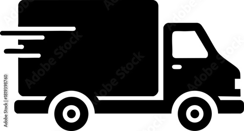 Flat black vector icon depicting a delivery truck moving quickly on a white background
