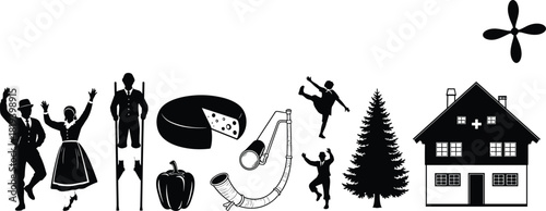 Switzerland, culture, tradition, silhouette, black, white, dance, cheese, chalet, alphorn, flag, people, tree, flower, heritage, folk, graphic, illustration, design, symbol