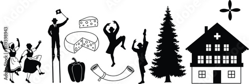 Switzerland, culture, tradition, silhouette, black, white, dance, cheese, chalet, alphorn, flag, people, tree, flower, heritage, folk, graphic, illustration, design, symbol, icon