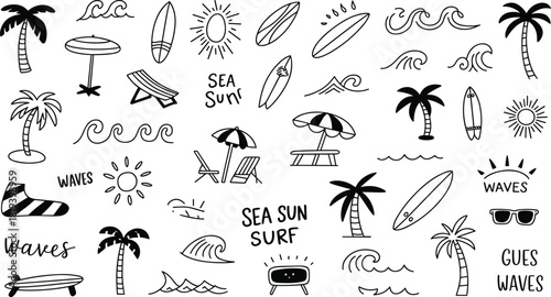 Beach doodle icons set with surfboards, palm trees, waves, sun, umbrellas, summer signs, sunglasses, and seaside vacation elements