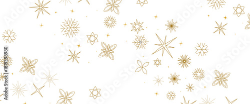 Minimal Golden seamless snowflakes transparent background. Winter Season Design Element for Festive Holiday Greeting, Seasonal Promotions, Or Elegant Winter Themed Decorations. Vector illustration.	