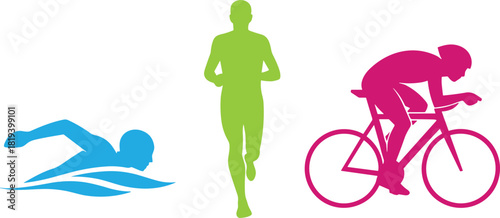 Triathlon silhouette illustration, swimming running cycling, colorful athlete figures, endurance sport design, dynamic motion concept, fitness competition artwork, abstract icons
