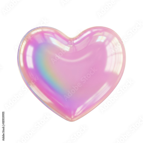 Shiny iridescent pink heart shape isolated on transparent background with soft pastel rainbow reflection
