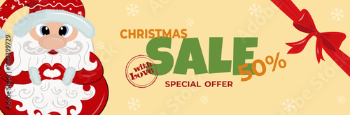 Clolrful Christmas Sale banner featuring a cute Santa making a heart gesture with his hands, bold SALE lettering, red ribbon bow, snowflakes, and warm holiday colors for seasonal promotion