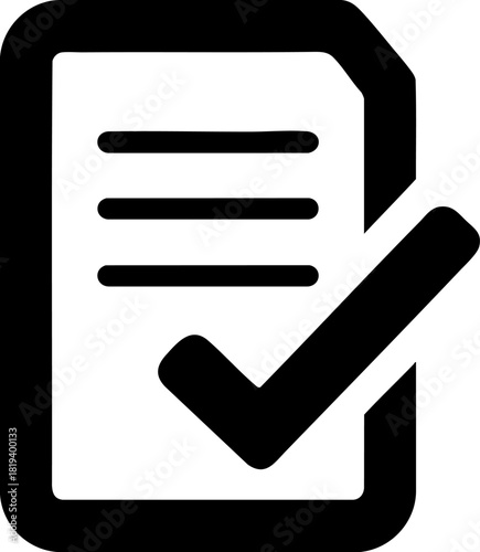 Flat black vector icon representing a tax document with a checkmark on a white background