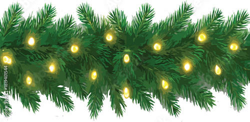 Seamless decorative christmas border with coniferous branches and garlands of christmas lights on transparent background