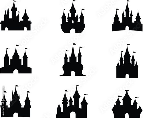 Castle silhouette icon set with towers, flags, architectural styles, fantasy buildings, medieval structures, and fortress design elements