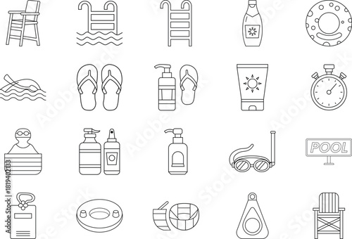 Swimming pool line icons set – lifeguard chair, ladder, sunscreen, goggles, snorkel, float ring – vector