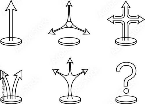 Decision direction arrows icons set – up, split, crossroads, options and question mark – thin line vector