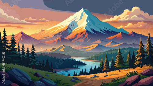 Very beautiful vista of Mount Hood in Oregon, USA, featuring the majestic snow-capped peak rising above evergreen forests, tranquil foothills, and a clear, luminous sky.