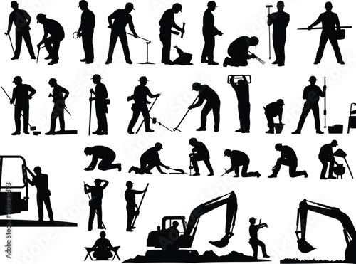 Construction worker silhouette set with tools, machinery, digging, lifting, measuring, operating equipment, labor poses, and industrial site elements