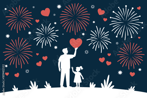 Silhouette of a father and child holding a heart under fireworks and stars