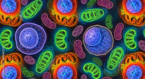 Vibrant cellular pattern featuring cells and mitochondria, art concept design. Concept for biology background, education material and science publication