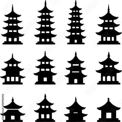 Collection of twelve black pagoda silhouettes representing various architectural styles and designs commonly found in east asian countries isolated on a clean white background