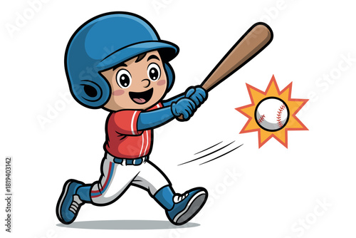 A cartoon child wearing a baseball uniform swings a bat at a baseball