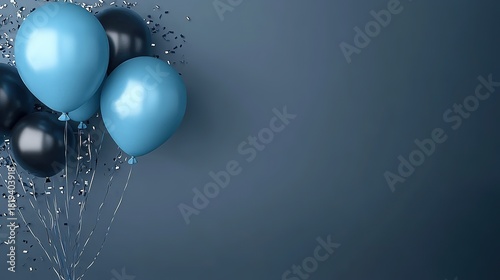 3D realistic blue balloon top left birthday background, dark gray light blue elegant
