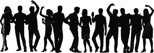 Party crowd silhouette set with dancing people, drinks, gestures, social interaction, celebration poses, formal attire, and festive mood